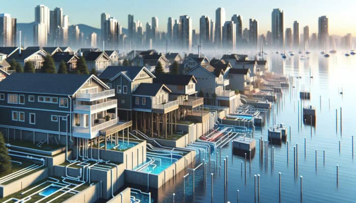 Urban West End neighborhood with elevated homes and integrated drainage systems near English Bay, preventing flooding.