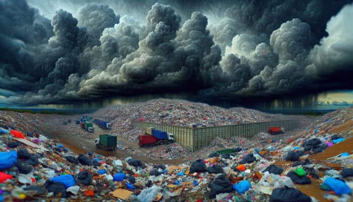Reducing Landfill Waste in UK Clearances: A vast, overflowing UK landfill with diverse waste under a gloomy sky, highlighting waste management urgency.