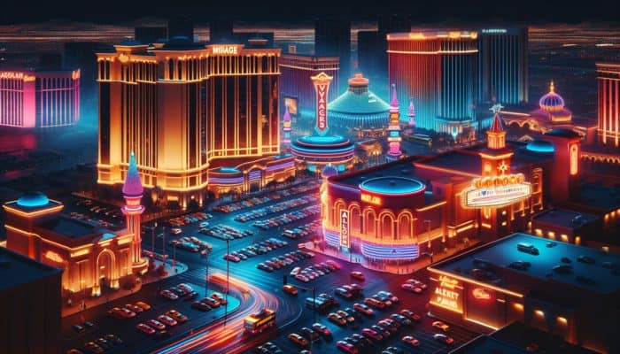 Las Vegas Strip at night showcasing neon-lit valet parking at Mirage and Caesars Palace, alongside crowded self-parking lots.