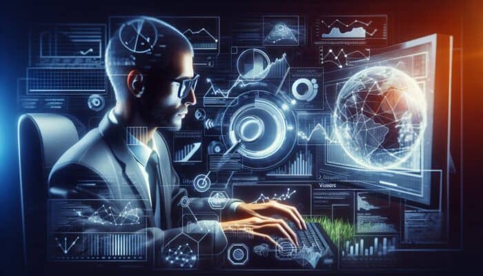 A person analysing video SEO data on a computer, adjusting marketing strategies based on insights.