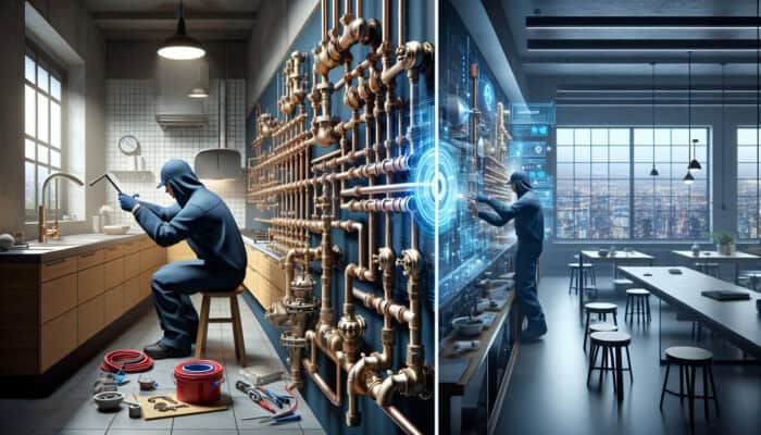 A plumber diligently working on water valves in a kitchen and commercial facility to ensure effective water management and prevent leaks.