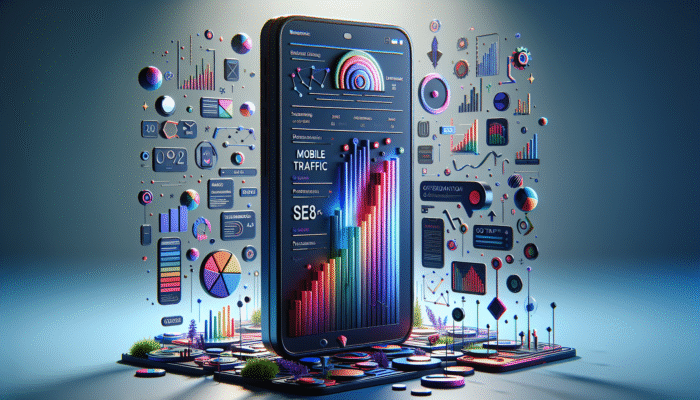 A smartphone displaying an optimised website with title tags, set against graphs depicting mobile traffic and SEO performance.