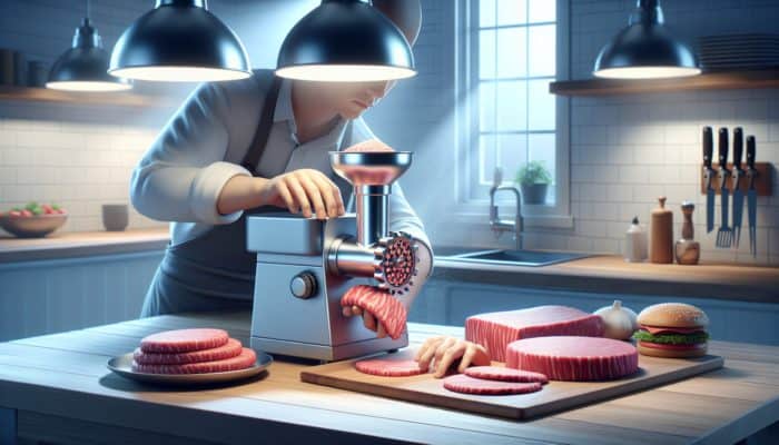 A person grinding fresh meat with a meat grinder, adjusting fat-to-lean ratio, using chilled equipment on a clean counter.