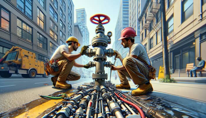 Illustration of water valve replacement in West End, Vancouver, with tools and workers.