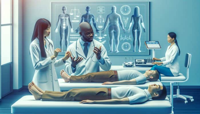 A contemporary acupuncture clinic with experts discussing weight loss benefits, patients receiving treatment, and efficacy charts.