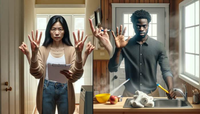 A person writing a priority list, decluttering hallway and kitchen, feeling accomplished and motivated.