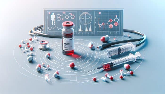 Testosterone Blood Test in Cambuslang: A medical illustration showing a testosterone blood test setup with a vial, syringe, and hormone level chart in a clinical setting.