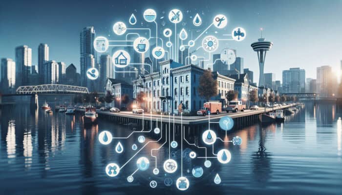 Infographic displaying expert tips on water leak detection in Gastown, Vancouver, featuring modern technology and historic architecture.