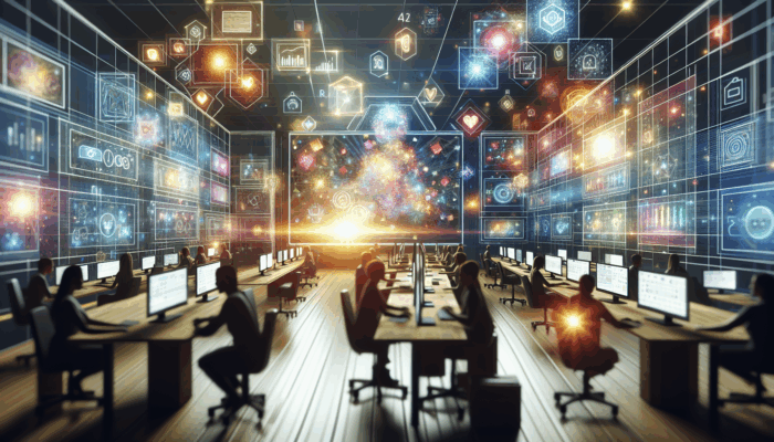 Social Media Management Services in Kingswood: A digital workspace with screens displaying social media platforms, a person engaging with audiences and analysing data.