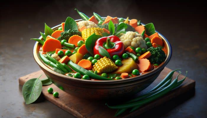 How to Make a Speedy Veggie Curry: A colorful veggie curry with bell peppers, carrots, peas, spinach, cauliflower, potatoes, sweet corn, and green beans in a traditional Indian bowl.