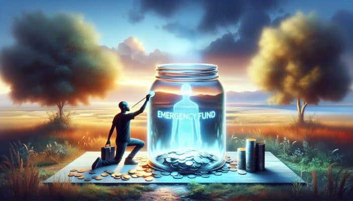 A person saving coins into a glowing 'Emergency Fund' jar, with a clear, debt-free horizon.