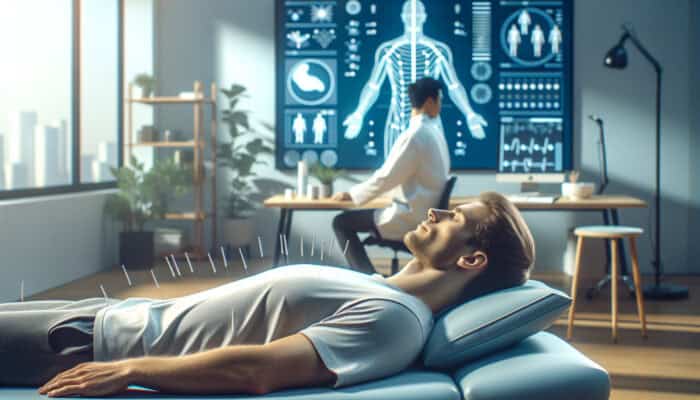 Acupuncture for Workout Recovery: Individual receiving treatment in a contemporary UK fitness studio for holistic recovery.