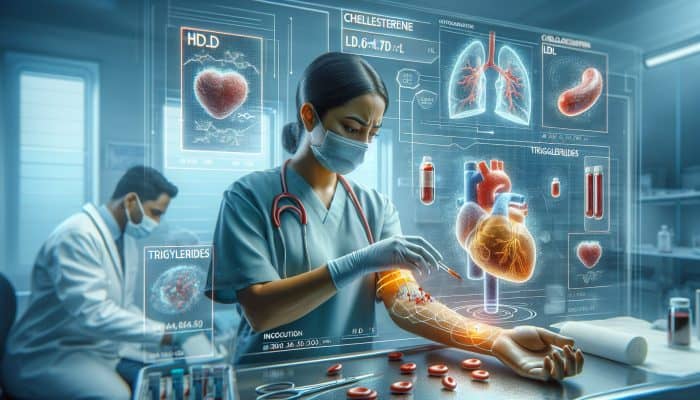 Cholesterol Blood Test in Portsmouth: A medical professional drawing blood for a cholesterol test, with holographic HDL shields around a heart, LDL plaque in arteries, triglyceride droplets, and digital readouts in a lab.