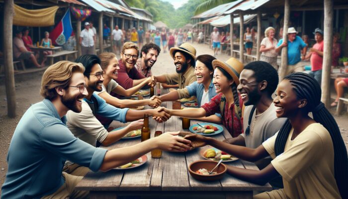 Diverse group in Belize sharing meal, handshakes, and smiles in a respectful, casual outdoor setting.