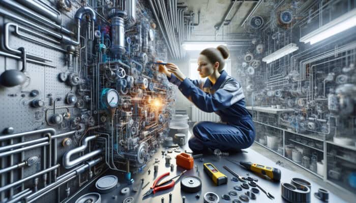 A technician in safety gear meticulously cleans and inspects a modern boiler in a well-lit basement, utilising tools to check for leaks and ensure longevity.