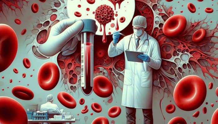 Ferritin Blood Test in Birmingham: Technician in white coat examines blood vial for ferritin test in Birmingham NHS lab, with iron proteins and anaemia charts in background.