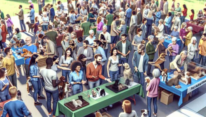 A vibrant pet adoption fair with families, pets, and volunteers offering expert advice.