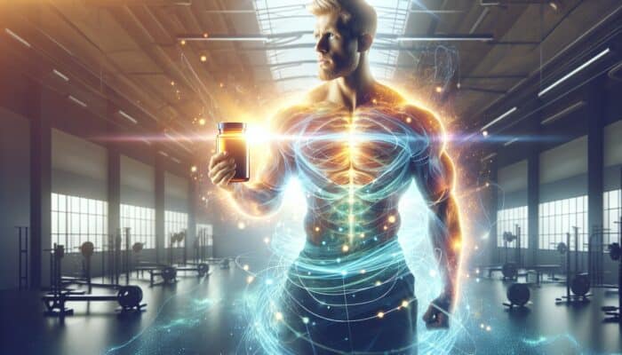 Muscular athlete holding BCAA supplement bottle in sunlit gym, with glowing energy waves symbolising rapid muscle recovery and enhanced endurance.