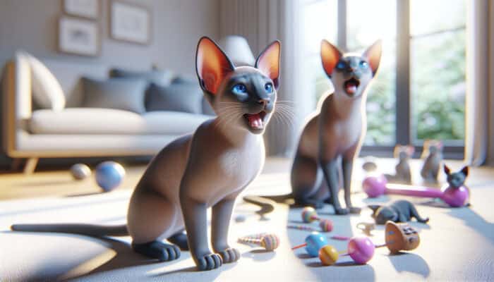 Oriental Shorthair kitten with vibrant blue eyes mewing softly in a sunlit home, surrounded by toys and family, while an adult cat vocalizes nearby.