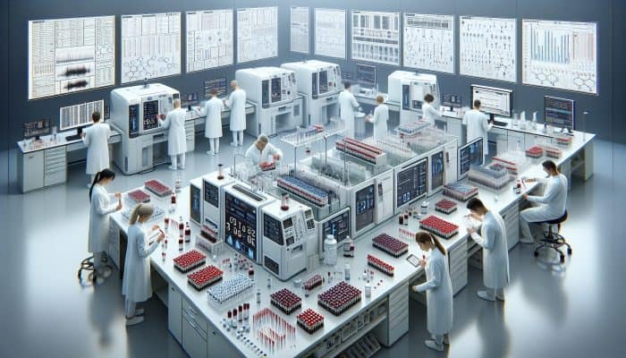 Modern UK laboratory: Technicians in white coats label blood samples and load them into automated analyzers for hormone tests.