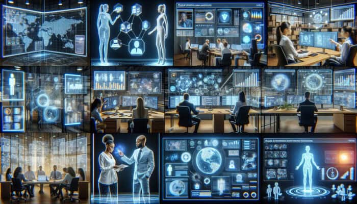 Futuristic office: holographic virtual assistants collaborate with diverse teams, managing inventory on screens and handling customer queries.