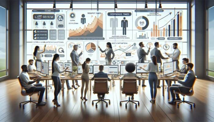 A diverse team in a modern office analyses support metrics on digital screens, showing graphs of response times, resolution rates, and user satisfaction scores.