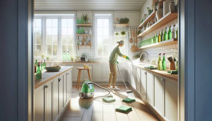 A person in green attire steam cleans kitchen countertops, with microfiber cloths, open windows, and eco-friendly bottles nearby.