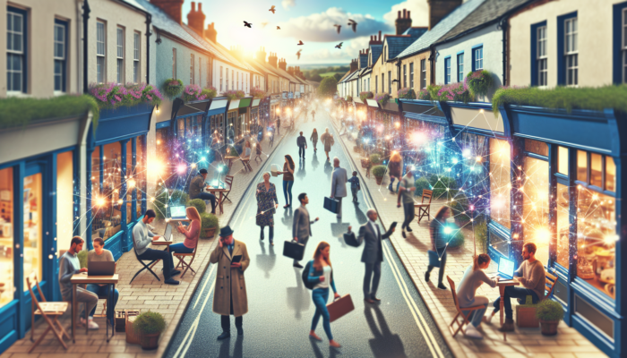 Small business owners in Wotton-under-Edge create content on laptops and cameras outside shops, with digital graphics and crowds showing growth and success.