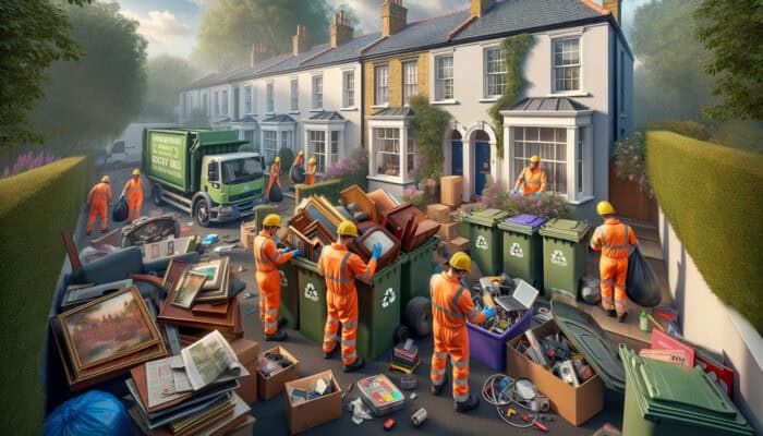 Busy workers in safety gear sort vintage furniture for donation and recycle electronics during a London home clearance under natural light.