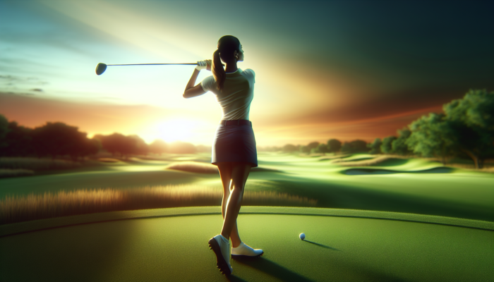 Tips for Golf Swing Tempo for Beginners: Golfer mid-swing on green course at sunset, showcasing perfect rhythm and timing.