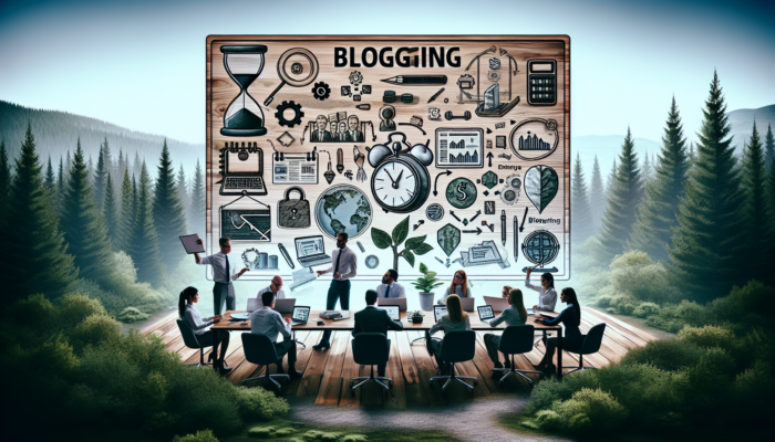 A diverse team of professionals in a rustic Cinderford office, surrounded by forest views, planning blogging strategy on a whiteboard and content calendars.
