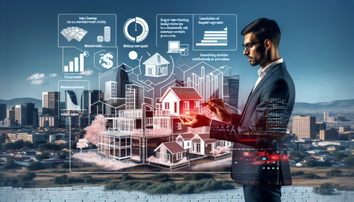 Financial advisor in a modern Midrand office reviews budget charts and home loan documents, with images of a house upgrading in vibrant South African urban scenery.