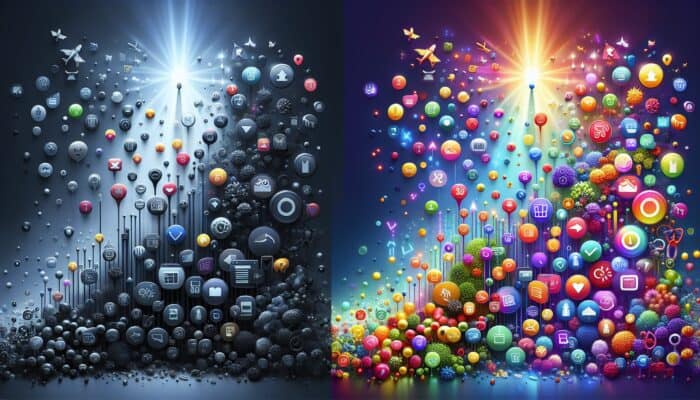 Illustration of SEO's impact: a dim underperforming product page with low traffic icons contrasted against a vibrant one with rising graphs and sales symbols.