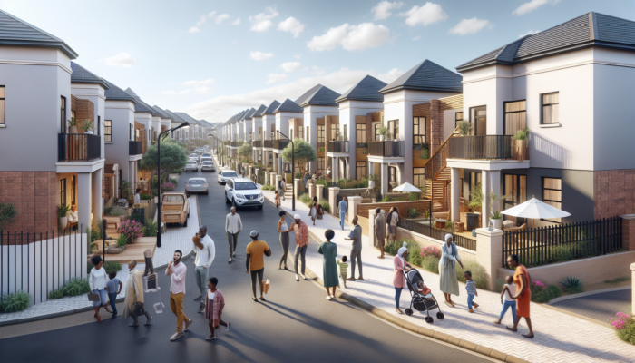 A vibrant street in Klerksdorp, South Africa, featuring modern affordable homes with families exploring properties under a bright sunny sky.