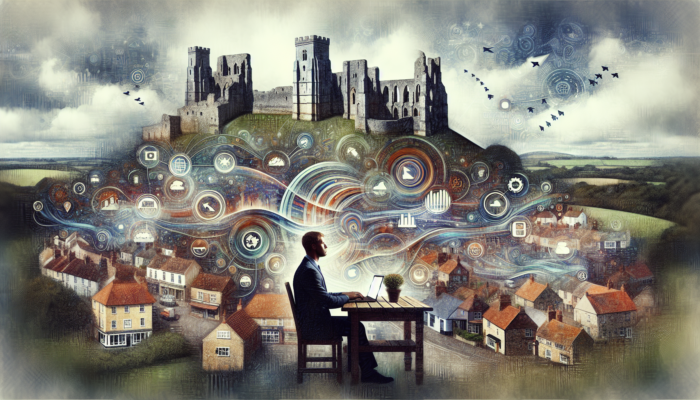 Small business owner in Corfe Castle analyses local SEO keywords on a laptop, surrounded by medieval ruins and search graphs under a cloudy sky.