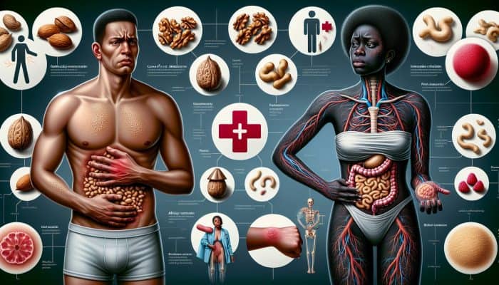 Infographic contrasting nut intolerance and allergy: left shows mild discomfort from nuts, right illustrates severe swelling and hives with labels and symbols.