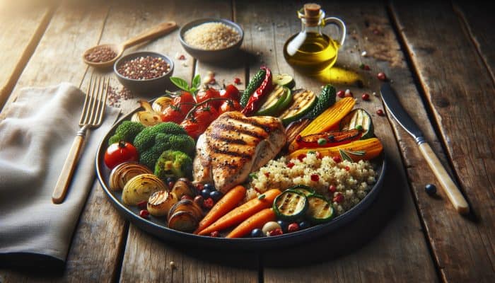 A vibrant plate of grilled chicken, colorful roasted vegetables, quinoa, and olive oil on a wooden table, symbolising balanced nutrition for heart health.