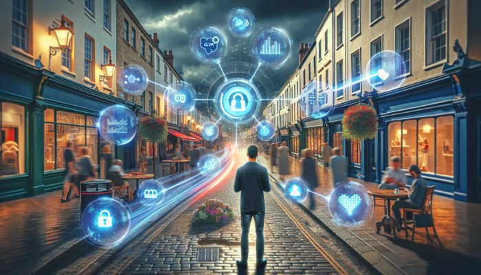 A business analyst in a historic Frome office reviews glowing social media dashboards with KPIs and GDPR symbols.