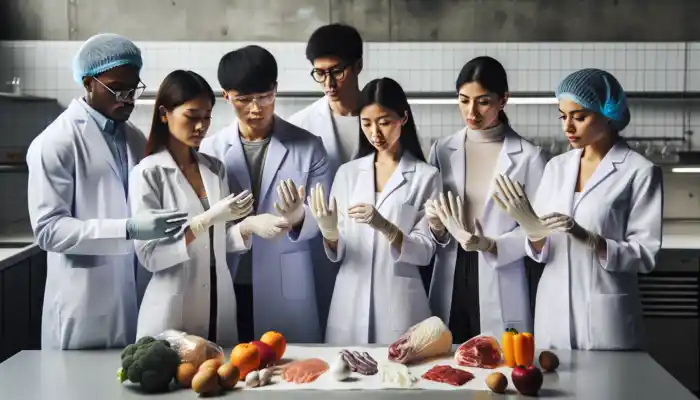 Experts in white lab coats evaluate glove materials such as latex and nitrile in a modern laboratory equipped with food items and analytical charts.