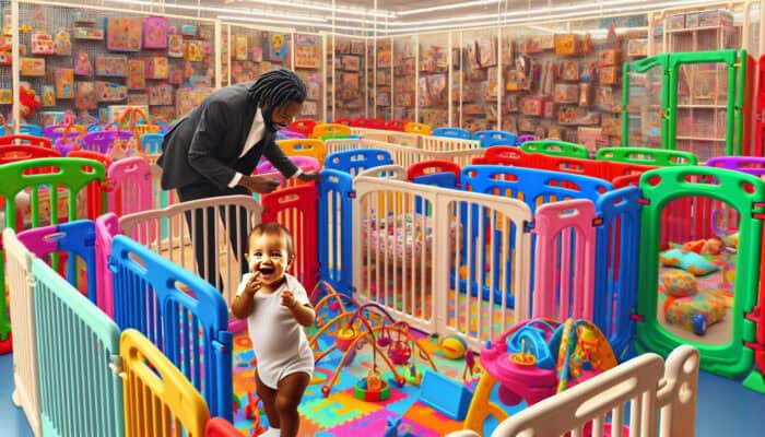 In a toy store, a parent examines colourful playpens' safety features as a joyful toddler plays inside with educational toys and cushions.