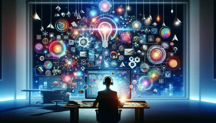 Marketer sketching vibrant "Buy Now" CTA buttons on a glowing screen, surrounded by floating icons like charts and lightbulbs in a modern office.