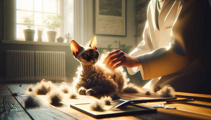 Devon Rex cat with soft, curly fur and large ears being gently brushed by owner in sunlit room, loose fur floating and relaxed expression.