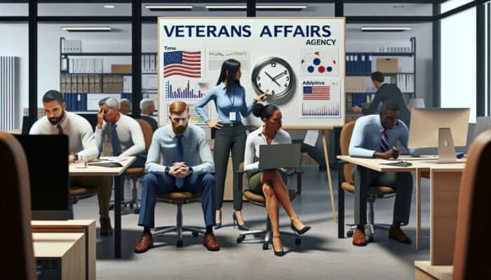 Diverse VA agency team in office: one checks clock for time constraints, another slumps disinterestedly, while colleagues engage actively.