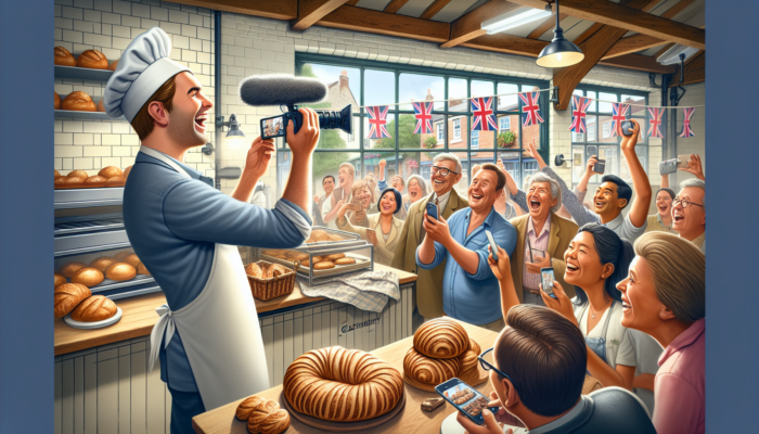 A cheerful baker films artisan bread-making in a quaint Glastonbury bakery, with customers watching on smartphones, Union Jack flags, and fresh pastries.