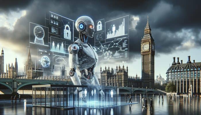 How AI Improves Debt Consolidation Loans: Benefits Explained | DCL An AI robot in a London financial hub analyses debt data on screens, with shattered locks, unbalanced scales, and stormy Big Ben.