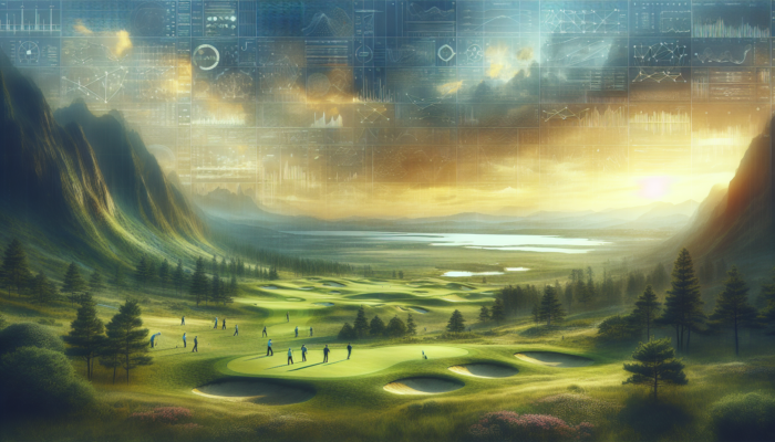 A scenic golf course with lush fairways, challenging hazards, lake and mountain views, players enjoying under a golden sunset.