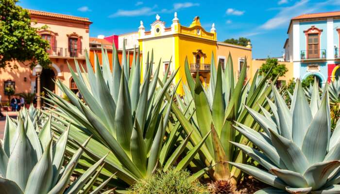 Vibrant scene in San Miguel de Allende showcasing various agave plants, including espadín, tobalá, and arroqueño, against a backdrop of colorful traditional architecture.
