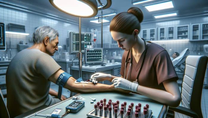 A nurse in scrubs draws blood from a patient's arm using a syringe, with HbA1c test kits and lab equipment on a sterile table.