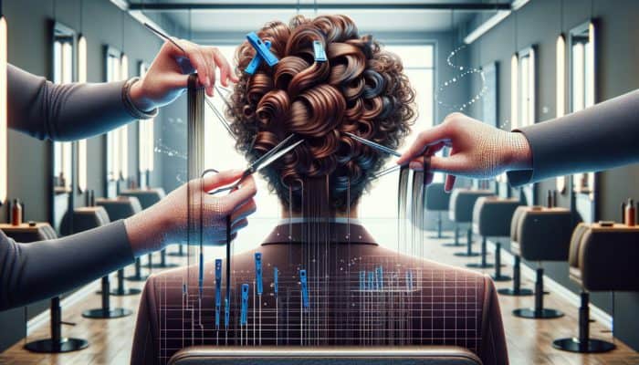 Hairstylist in a bright salon sections tight coils into quadrants, using point cutting on back for layered, symmetrical curls.