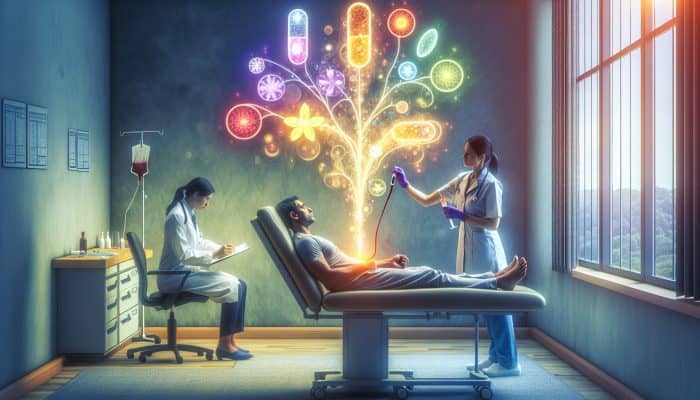 Vitamin Blood Test in Wednesfield: A nurse draws blood for a vitamin test in a serene Wednesfield clinic, surrounded by glowing nutrient charts and a reviewing doctor.